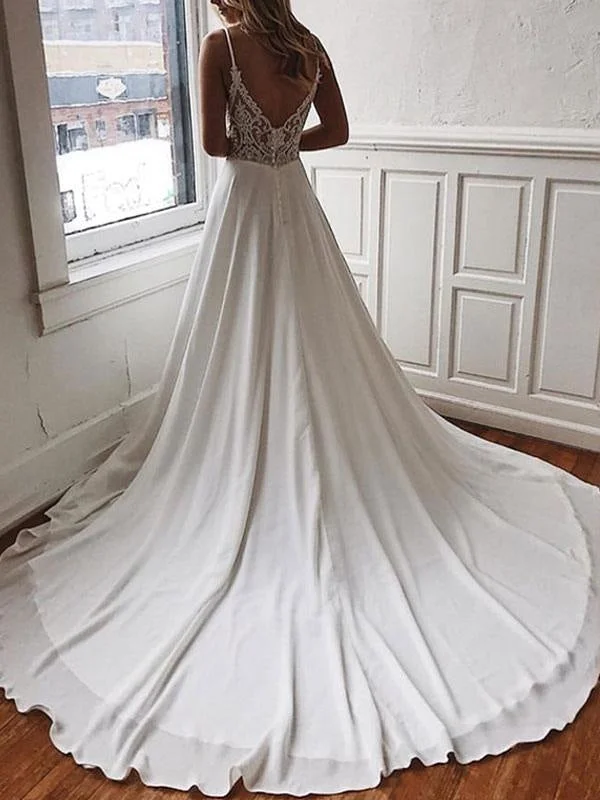 Empire Waist Gown Simple Wedding Dress A Line V Neck Sleeveless Straps Back Lace Boho Bridal Dresses With Train Empire Waist Gown Simple Wedding Dress A Line V Neck Sleeveless Straps Back Lace Boho Bridal Dresses With Train