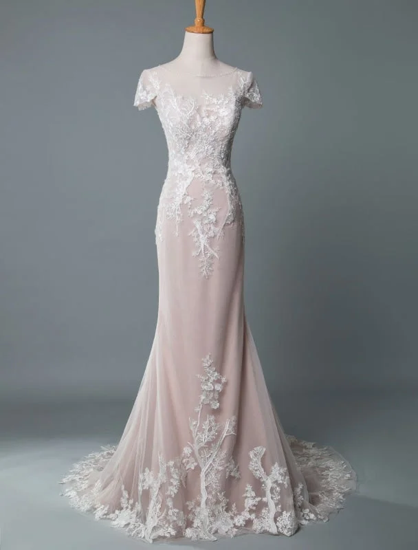 Dreamy Lace Gown Simple Wedding Dress Mermaid Jewel Neck Short Sleeves Floor Length Customized Lace Bridal Gowns With Train Dreamy Lace Gown Simple Wedding Dress Mermaid Jewel Neck Short Sleeves Floor Length Customized Lace Bridal Gowns With Train