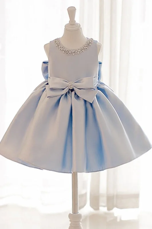 Glamorous Dress Sky Blue Satin Ball Gown Flower Girl Dress With Beads