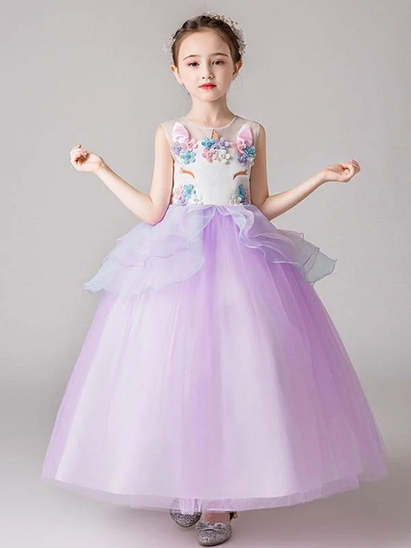 Sleeveless Flowers Kids Party Dresses with 3D Floral Organza Little Girl Dress