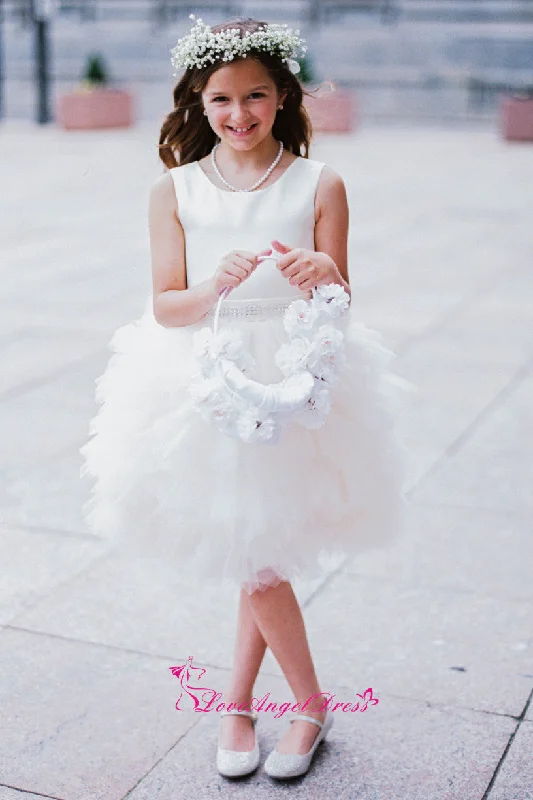 Sleeveless Satin Puffy Tulle Knee Length Flower Girls Dresses with Beaded Belt