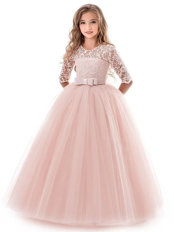 Soft Pink Tulle A Line Flower Girl Dresses Half Sleeve Lace Formal Dress with Bow