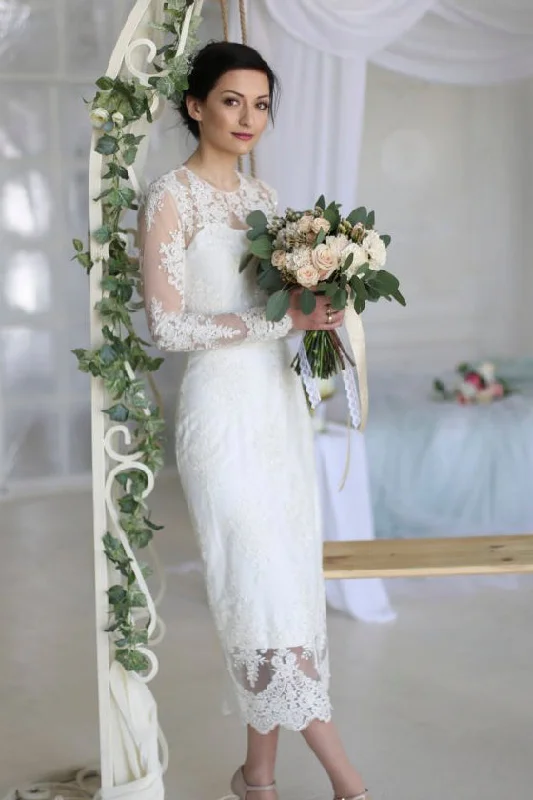 Silver Embellished Gown Vintage Sheath Tea-length Wedding Dress With Lace Appliques-715693 Silver Embellished Gown Vintage Sheath Tea-length Wedding Dress With Lace Appliques-715693