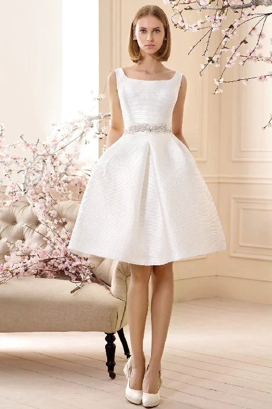 square-neck Sleeveless Satin A-line short Wedding Dress With Jeweled Waist-MK_705947