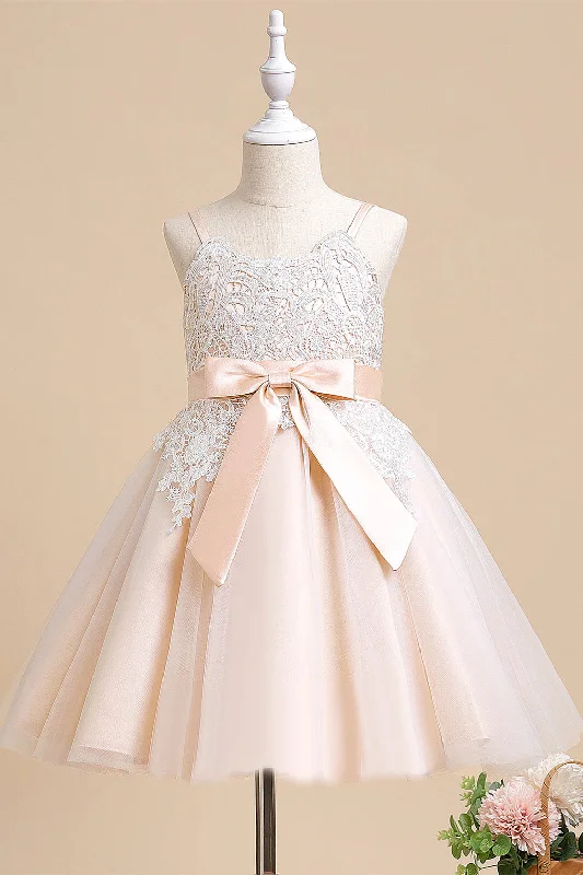 Beaded Dress Straps Pearl Pink Lace Top Flower Girl Dress with Belt