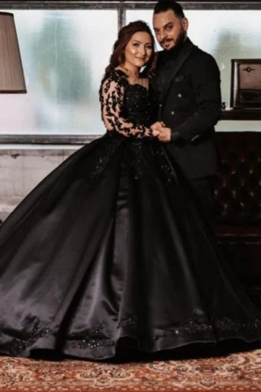 Regal Satin Gown Stunning Princess Black Wedding Dresses with Sleeves