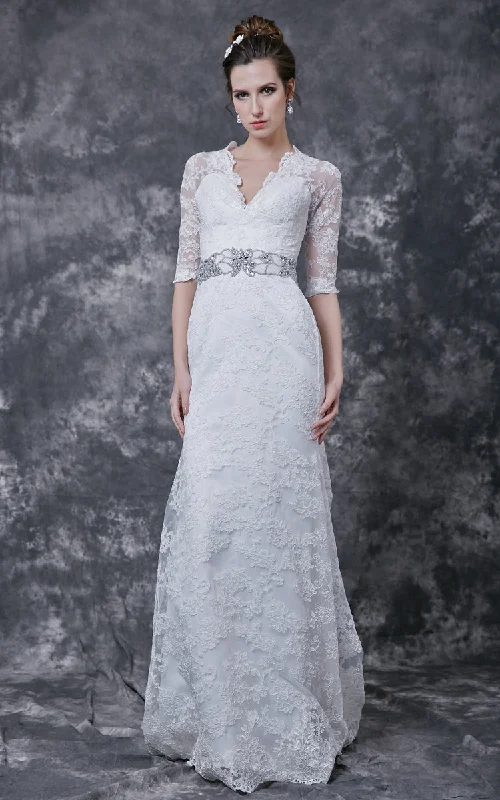 Embroidered Gown Stylish 3 4 Sleeve Long Lace Dress With Crystal Embellished Waist-ZP_706220 Embroidered Gown Stylish 3 4 Sleeve Long Lace Dress With Crystal Embellished Waist-ZP_706220