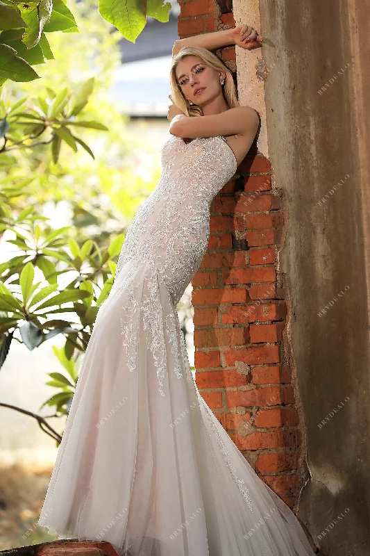 Strapless Sweetheart Lace Tulle Mermaid Destination Wedding Gown