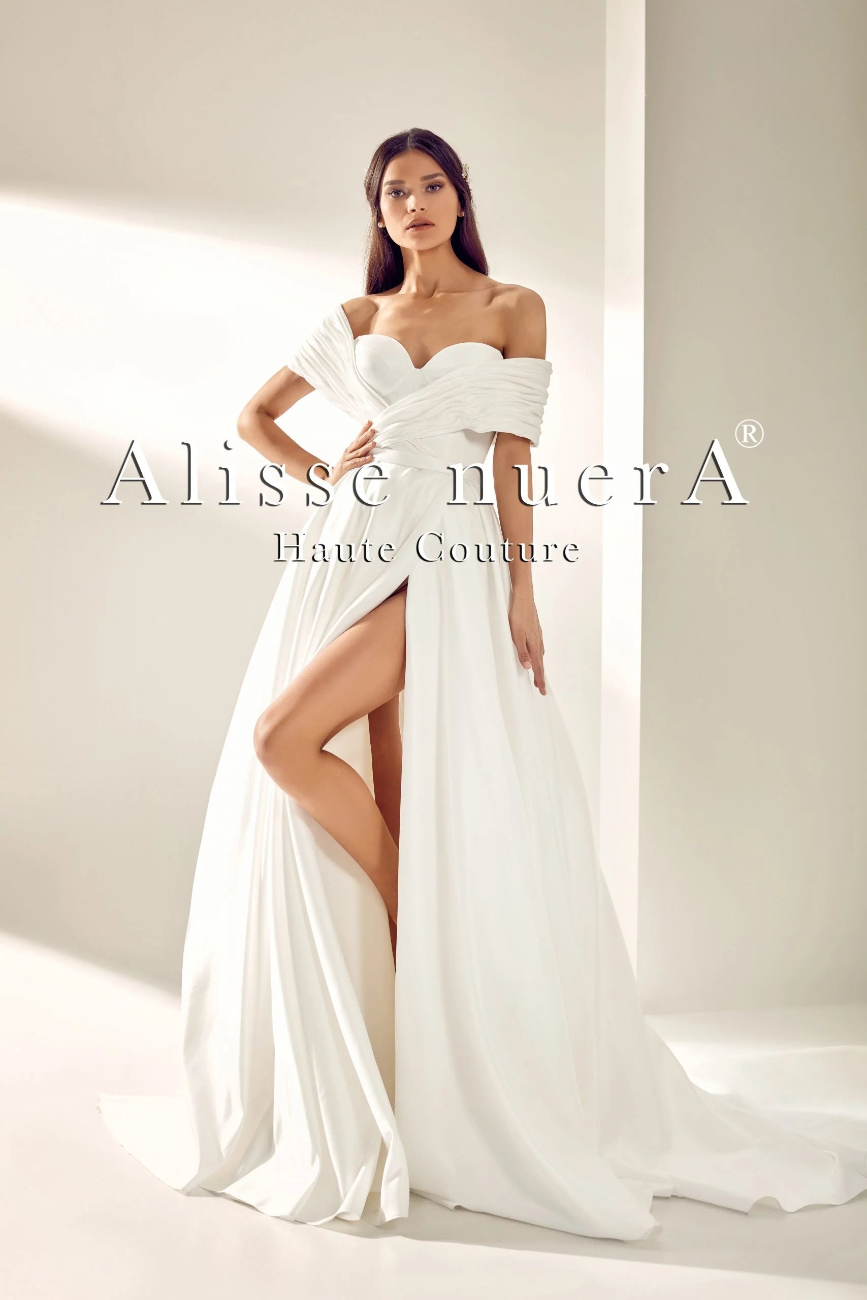 Feathered Gown Sweetheart Neckline Draped Over the Shoulder Satin Destination Wedding Dress with Leg Slit Feathered Gown Sweetheart Neckline Draped Over the Shoulder Satin Destination Wedding Dress with Leg Slit