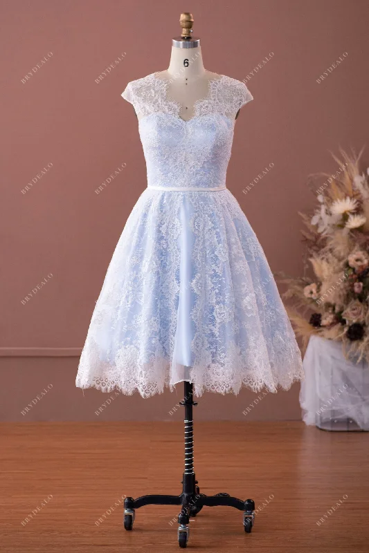 Tea-Length Lace Sky Blue Cap Sleeve Bridal Gown