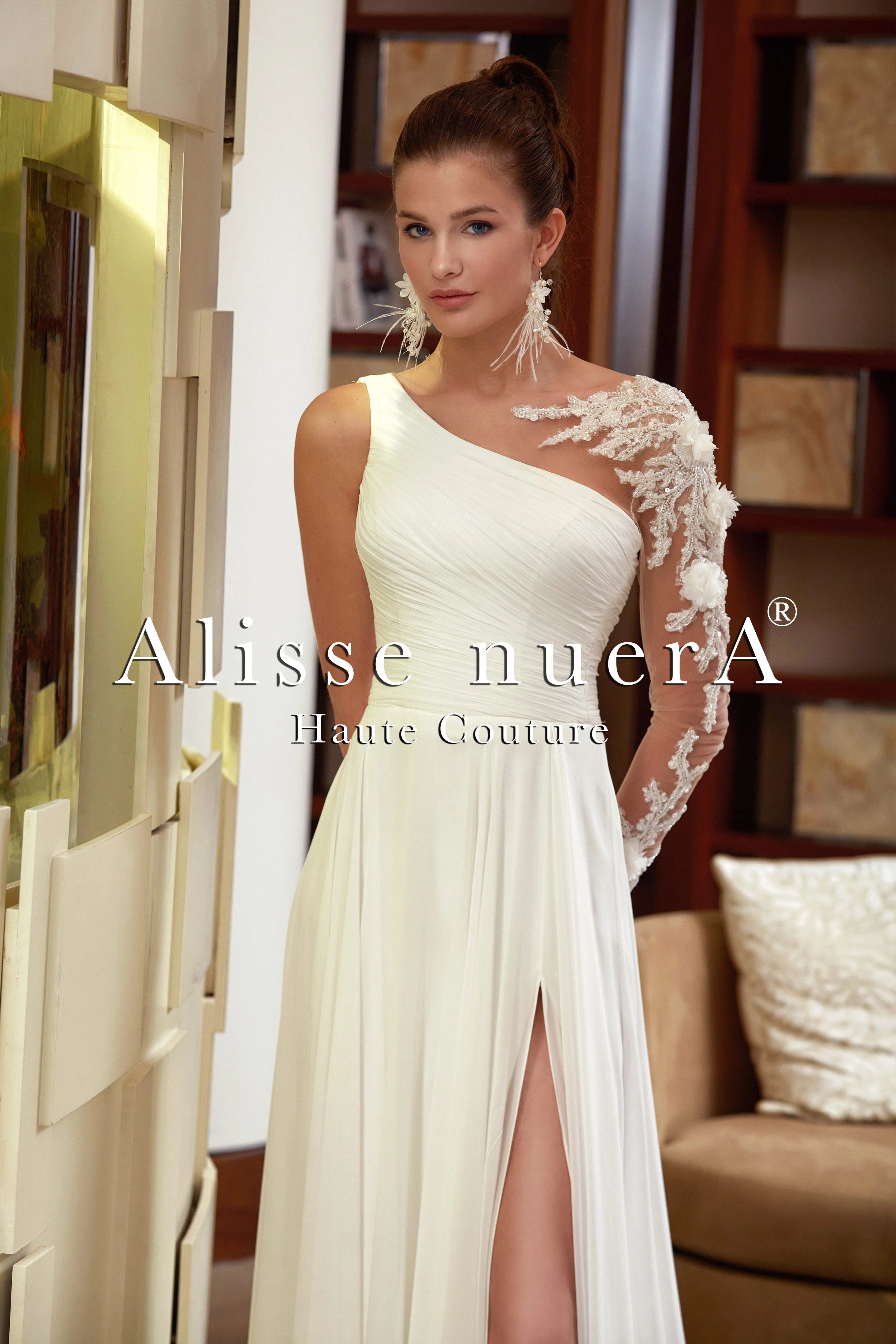 Long Train Gown Three-dimensional Lace Slit Wedding Dress with Asymmetrical Sleeves