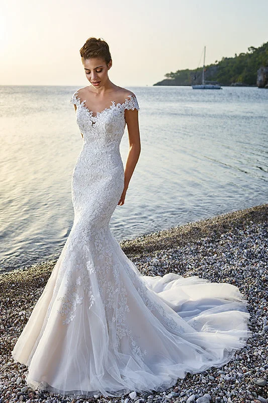 Custom Gown Trumpet Floor-Length V-Neck Cap-Sleeve Lace&Tulle Wedding Dress With Appliques-MK_702090 Custom Gown Trumpet Floor-Length V-Neck Cap-Sleeve Lace&Tulle Wedding Dress With Appliques-MK_702090
