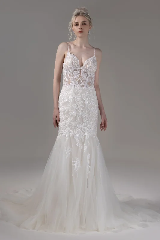 Ruched Bodice Dress Trumpet-Mermaid Court Train Lace Tulle Wedding Dress CW2797