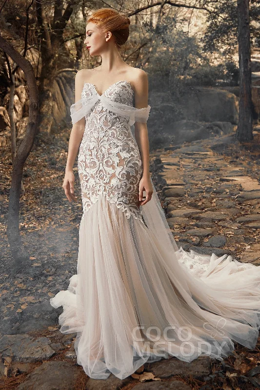 Pleated Gown Trumpet Court Train Tulle Elastic Satin Wedding Dress CW2126