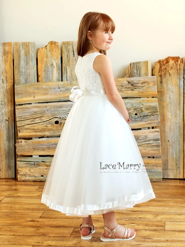 Tulle Gown LILU / Tulle and Lace Flower Girl Dress with Ribbon Trimmed Skirt Hem