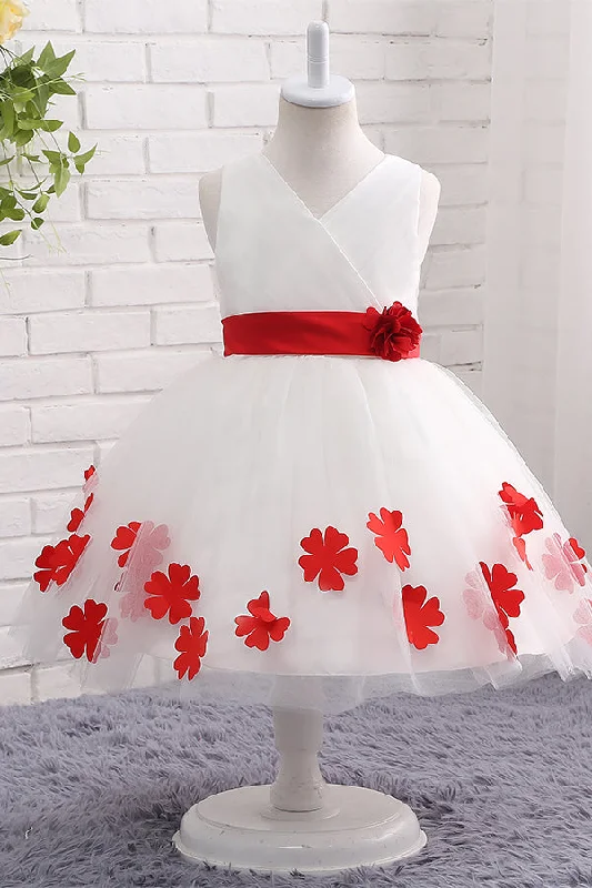 Tulle Appliqued White Flower girl Dress with Red Bow