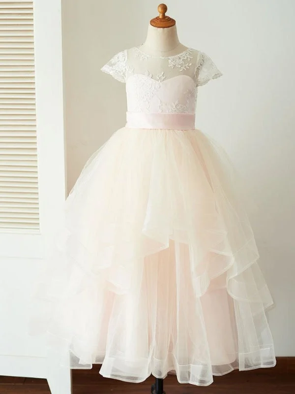 Tulle Short Sleeves Flower Girl Dresses Jewel Neck Floor-Length Princess Dress for Kids