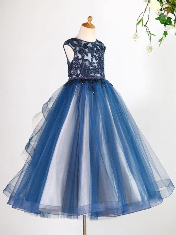 Tulle Sleeveless Floor Length Princess Silhouette Lace Kids Social Party Dresses