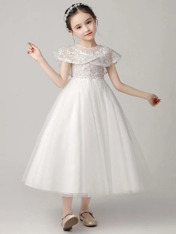 Tulle Sleeveless Flower Girl Dresses Jewel Neck Ankle Length Princess Embroidered Kids Party Dresses