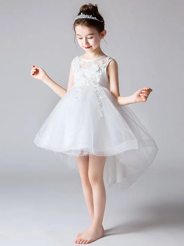 Tulle Sleeveless Princess High Low Flower Girl Dresses Knee Length Embroidered Kids Party Dresses