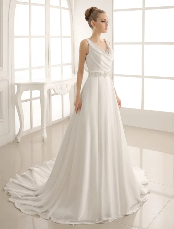 Timeless Dress Turndown Collar Brides Wedding Dress With Pleated Satin Exclusive
