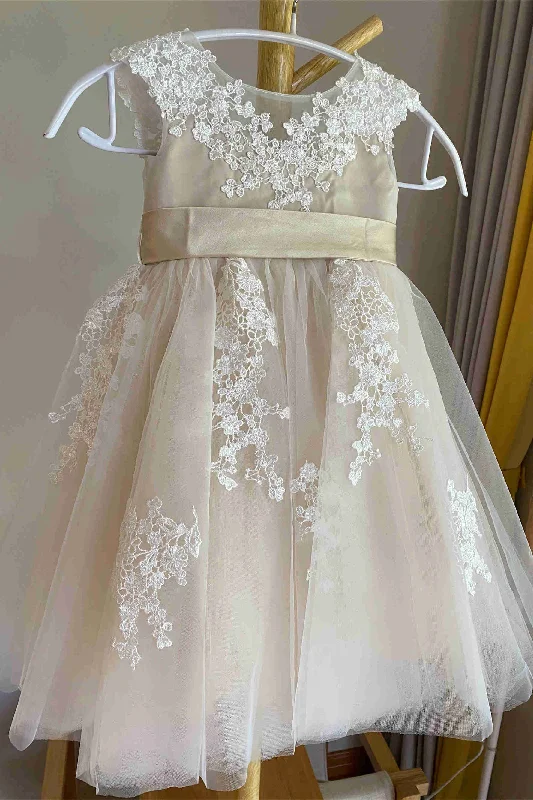 Ruched Bodice Dress V-Back Crew Neck Lace Tulle Flower Girl Dress with Sash