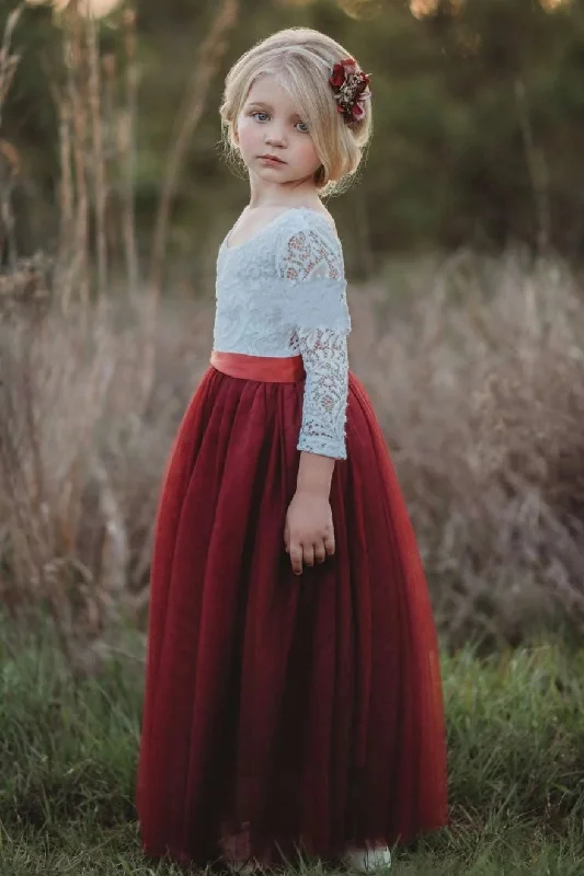 Short Sleeve Dress V Back Long Sleeves Lace Tulle Flower Girl Dress