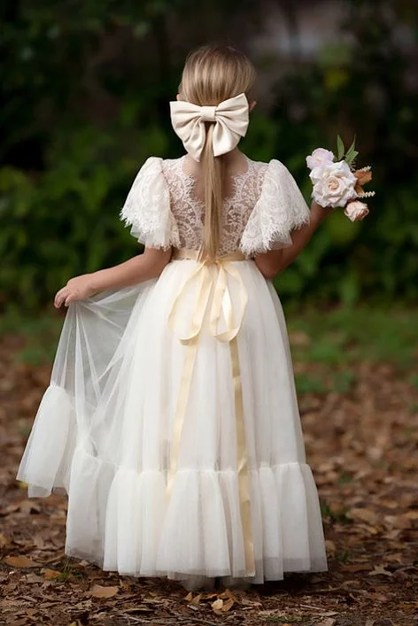 Tailored Wedding Dress V Back Short Sleeves Lace Tulle Flower Girl Dress