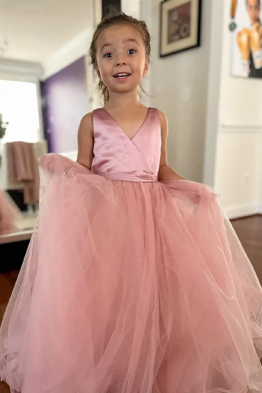Backless Gown V-Neck Dusty Rose Floor Length Flower Girl Dress