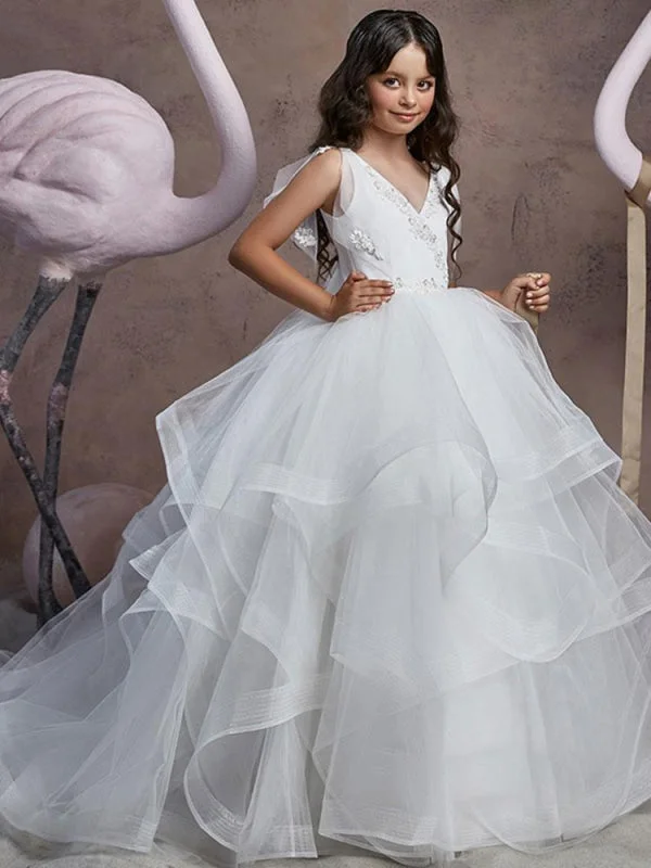 V Neck Lace Long Flower Girl Dresses Sleeveless Floor Length Princess Silhouette Tiered Kids Party Dresses