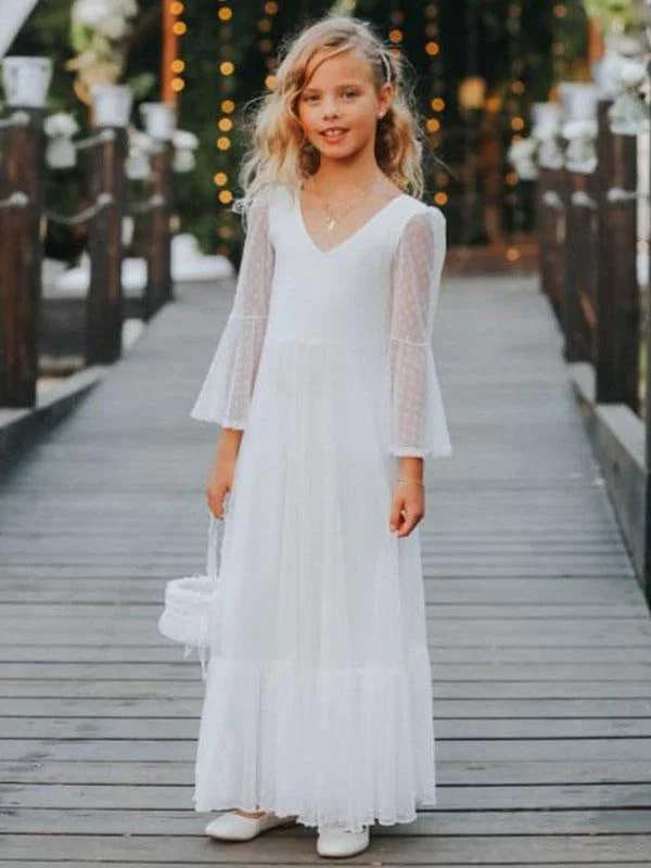 V-Neck Lace White Flower Girl Dresses Long Sleeves A-Line Lace Kids Social Party Dresses