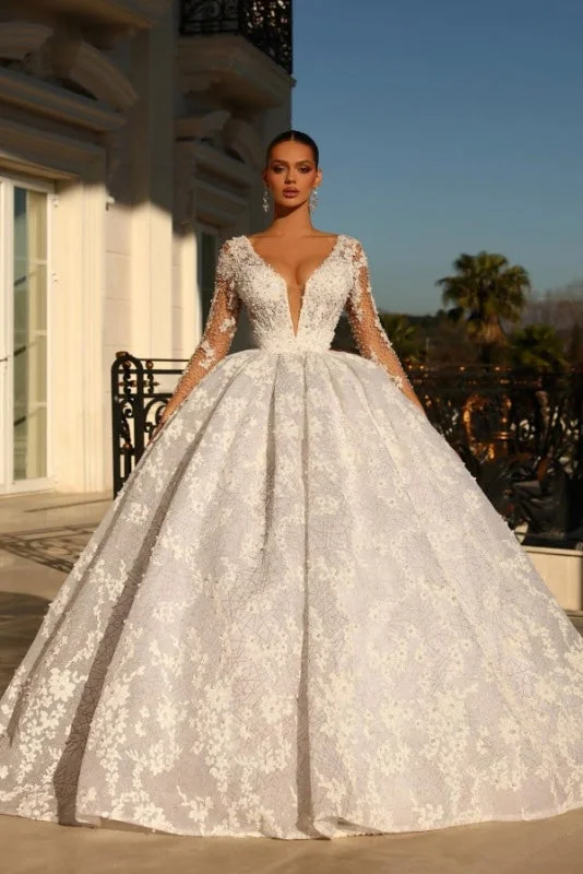 Custom Gown V-Neck Long Sleeves Lace Satin Ball Gown Wedding Dress with Applique