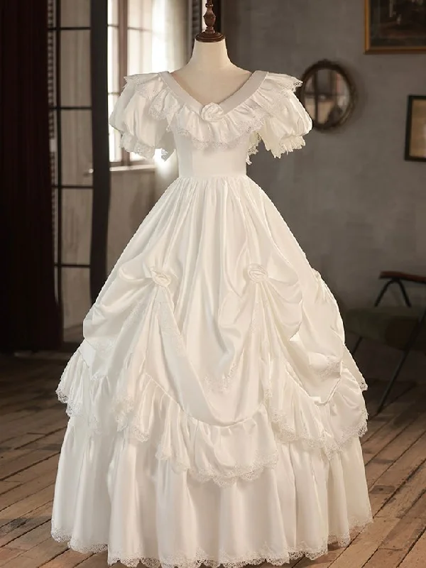 Tulle Gown V-Neck Satin Long Prom Dress, Lace Wedding Dress      fg5826