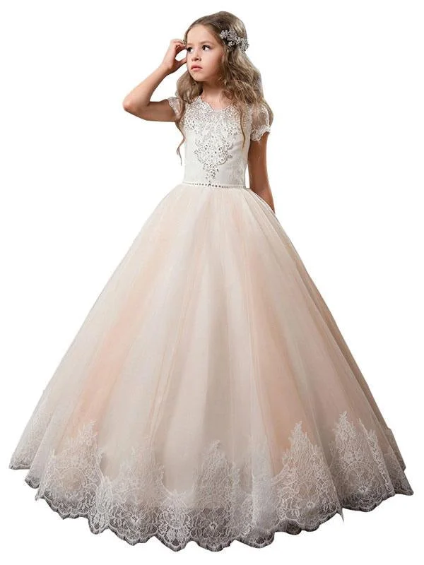 V-Neck Tulle Short Sleeves Flower Girl Dresses Ankle Length Ball Gown Kids Pageant Dresses