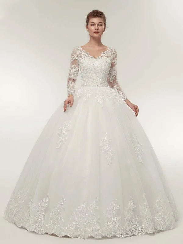 Floral Appliqué Gown Long Sleeves V-Neck Ball Gown Lace Wedding Dresses