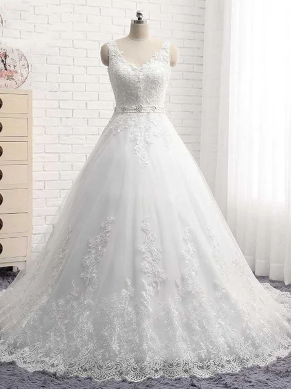 Classic Gown V-Neck Beaded Backless Lace A-Line Wedding Dresses