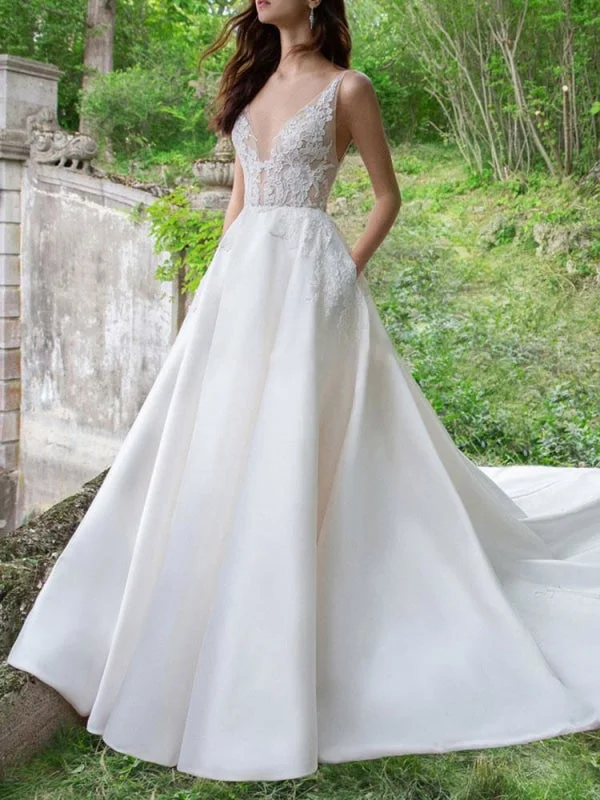 Exquisite Gown Vintage Wedding Dress V Neck Sleeveless A Line Lace Satin Bridal Gowns With Train Exquisite Gown Vintage Wedding Dress V Neck Sleeveless A Line Lace Satin Bridal Gowns With Train