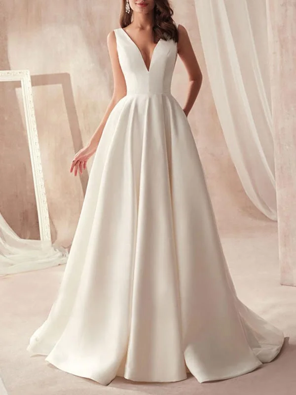 Ruffled Ball Gown Vintage Wedding Dresses 2021 A Line V Neck Sleeveless Floor Length Pleat Bridal Gowns With Train Ruffled Ball Gown Vintage Wedding Dresses 2021 A Line V Neck Sleeveless Floor Length Pleat Bridal Gowns With Train