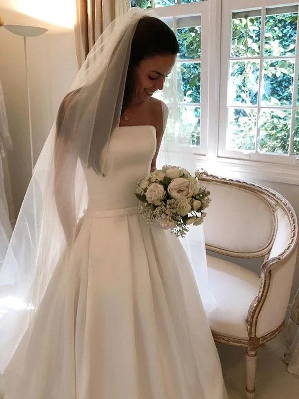 Strapless Ball Gown Vintage Wedding Dresses 2021 Satin Strapless A Line Floor Length Classic Bridal Gown With Train Strapless Ball Gown Vintage Wedding Dresses 2021 Satin Strapless A Line Floor Length Classic Bridal Gown With Train