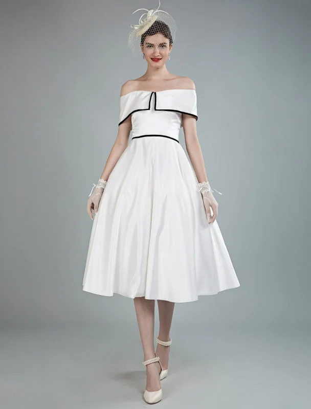 Shimmering Dress Vintage Wedding Dresses Satin Off The Shoulder A Line Tea Length Short Bridal Gowns Exclusive Shimmering Dress Vintage Wedding Dresses Satin Off The Shoulder A Line Tea Length Short Bridal Gowns Exclusive