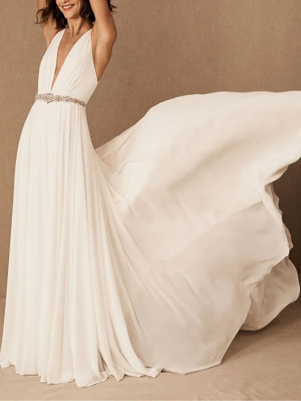Strapless Dress Wedding Dress Deep V-Neck Beaded Sash Chiffon Bridal Dress