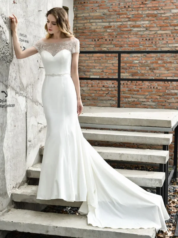 High-Fashion Wedding Gown Wedding Dress Short Sleeves Illusion Neck Beaded Mermaid Bridal Gowns High-Fashion Wedding Gown Wedding Dress Short Sleeves Illusion Neck Beaded Mermaid Bridal Gowns