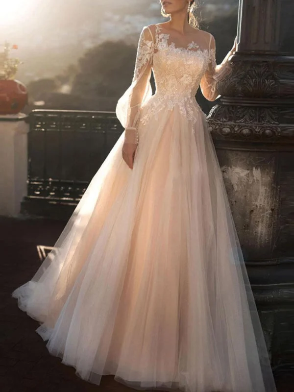Hand-Stitched Lace Dress Wedding Dresses 2021 A Line Illusion Neck Long Sleeve Floor Length Tulle Pleated Bridal Dress With Train Hand-Stitched Lace Dress Wedding Dresses 2021 A Line Illusion Neck Long Sleeve Floor Length Tulle Pleated Bridal Dress With Train