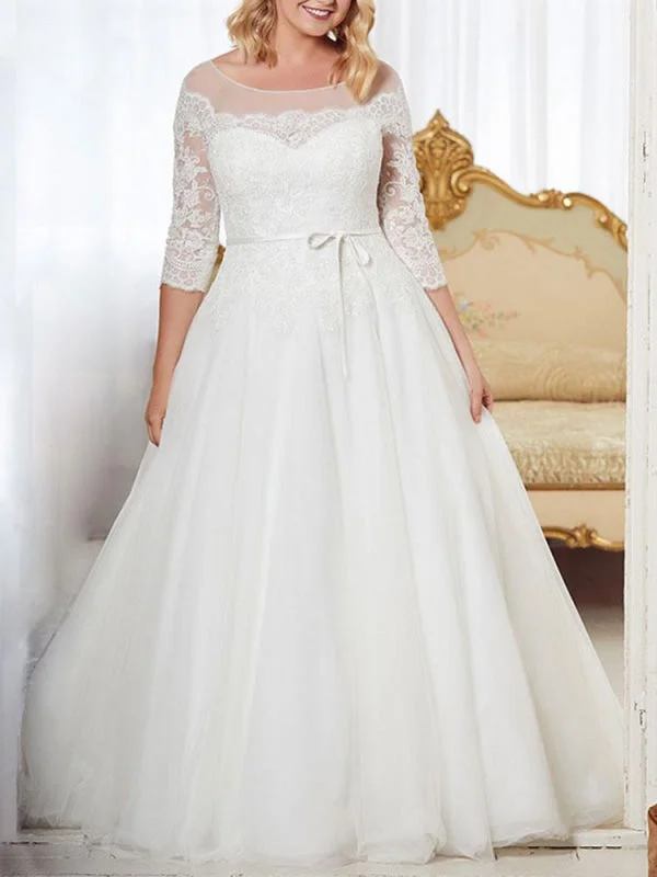 Wedding Dresses 2021 A Line Jewel Neck Half Sleeve Floor Length Tulle Lace Vintage Bridal Gowns