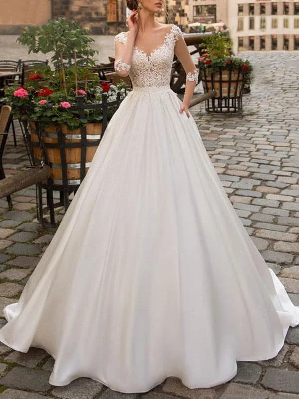 Sheath Wedding Gown Wedding Dresses 2021 A Line V Neck Half Sleeve Floor Length Lace Appliqued Satin Vintage Bridal Gown With Train Sheath Wedding Gown Wedding Dresses 2021 A Line V Neck Half Sleeve Floor Length Lace Appliqued Satin Vintage Bridal Gown With Train