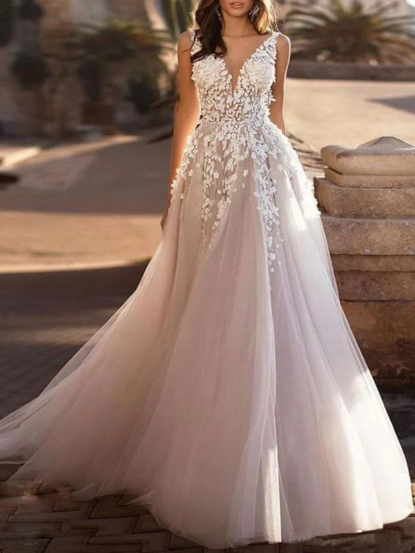Grand Ballroom Gown Wedding Dresses 2021 Tulle Deep V Neck A Line Sleeveless Multilayer Tulle Lace Applique Classic Bridal Gowns With Train Grand Ballroom Gown Wedding Dresses 2021 Tulle Deep V Neck A Line Sleeveless Multilayer Tulle Lace Applique Classic Bridal Gowns With Train