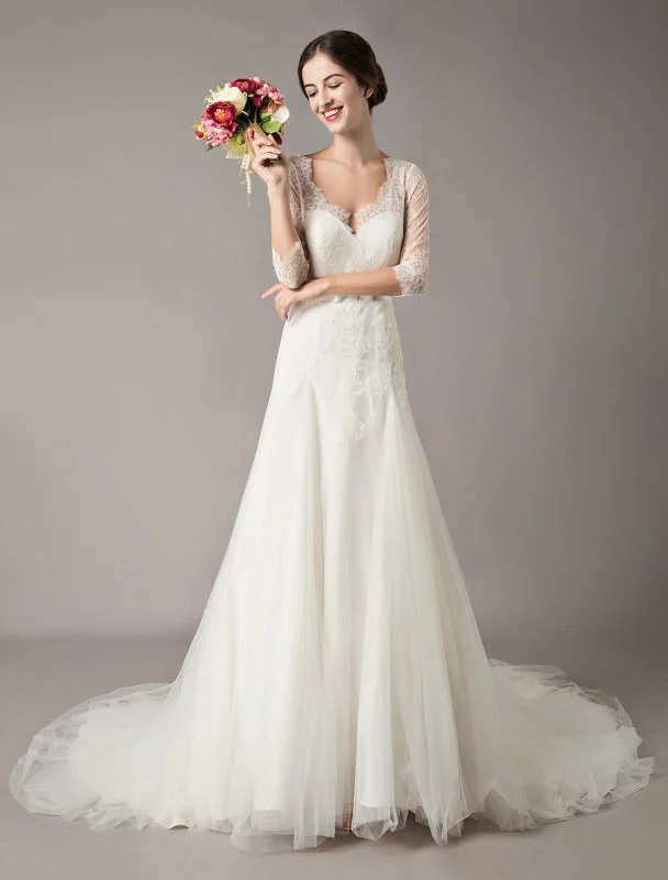 A-Line Dress Wedding Dresses A Line Ivory V Neck Lace Tulle Half Sleeve Bridal Dress With Train A-Line Dress Wedding Dresses A Line Ivory V Neck Lace Tulle Half Sleeve Bridal Dress With Train