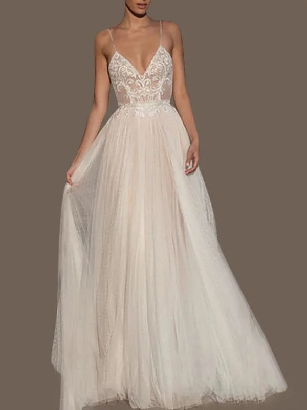 Custom Gown Wedding Dresses A Line V Neck Sleeveless Straps Beaded Floor Length Polka Dot Tulle Bridal Gowns Custom Gown Wedding Dresses A Line V Neck Sleeveless Straps Beaded Floor Length Polka Dot Tulle Bridal Gowns