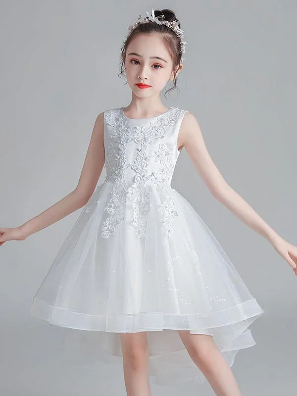 White Flower Girl Dresses Short Princess Dress Jewel Neck Sleeveless Bows Kids Party Dresses