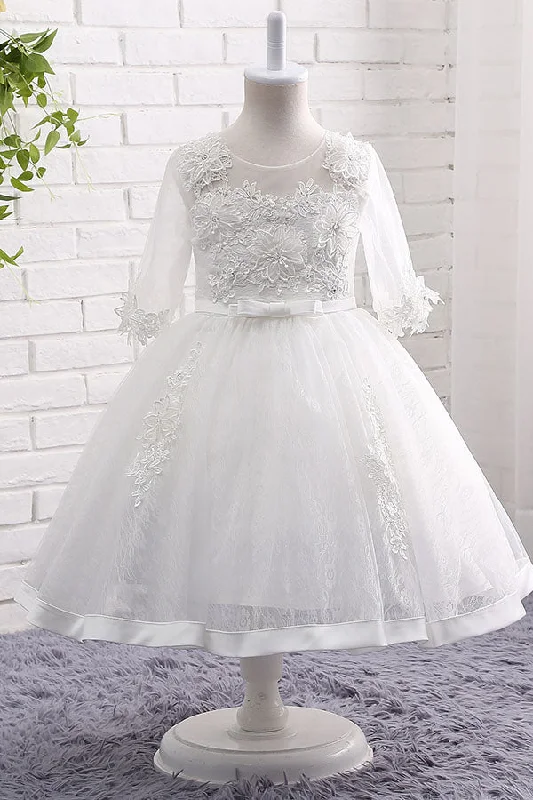 White Half Sleeves Appliques Flower Girl Dress